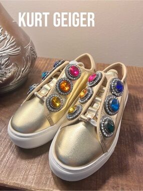 NWOB $220 Kurt Geiger Laney Octavia Gold Jewel Studded Leather Platform Sneakers